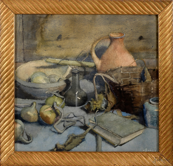 Natura morta, XX secolo, acquerello su carta, cm 48,5x50, firmato in basso a destra entro cornice