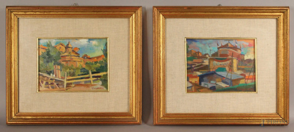 Coppia di dipinti raffiguranti paesaggi, olio su tela, cm. 15,5x20, firmati Joseph Strachota.