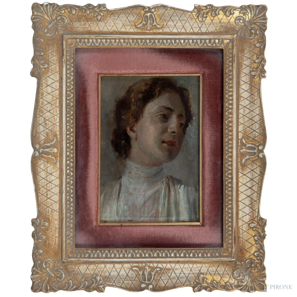Ritratto di signora, XIX-XX secolo, olio su tavola, cm 18x12,5, entro cornice