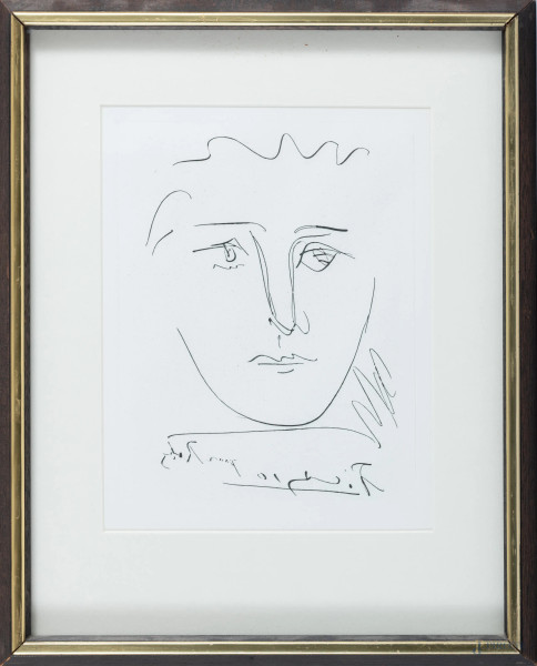 Stampa da Pablo Picasso, Pour Robie, XX secolo, cm 24,5x19, entro cornice, (segni di usura)