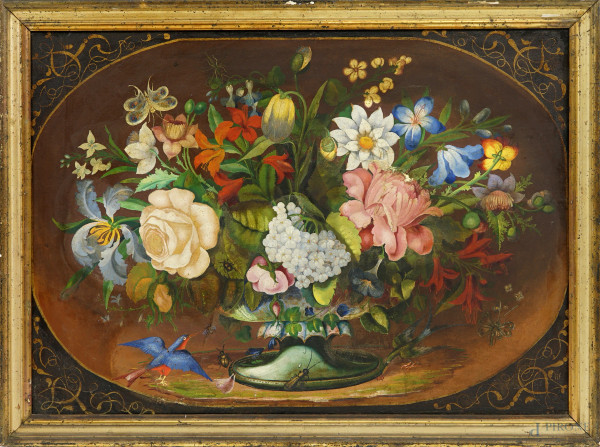 Natura morta con uccellino e insetti, olio su tela, cm 54,5x76,5, XIX-XX secolo, entro cornice