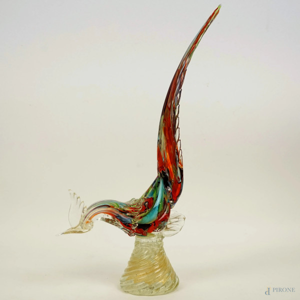 Fagiano, scultura in vetro sommerso di Murano, anni '60, base torchon con inclusioni a foglia d'oro, cm h 44,5, XX secolo, (difetti)