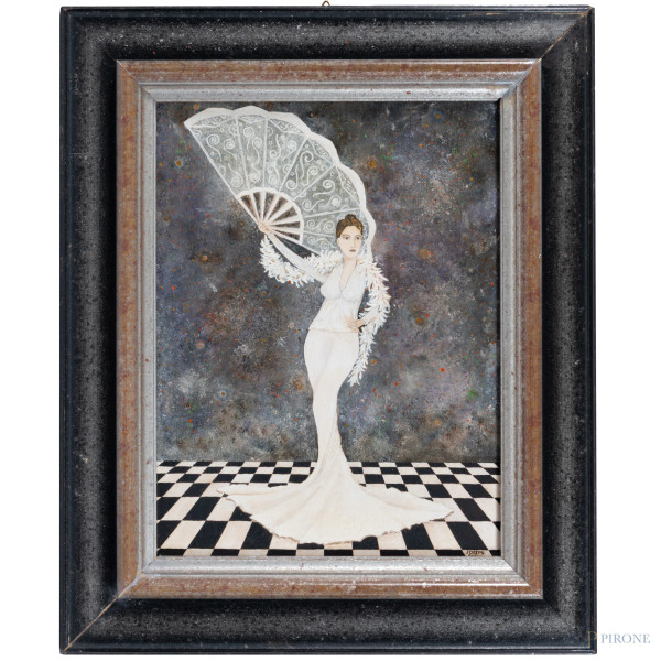 Donna in costume e ventaglio, olio su compensato, cm 31x24, firmato, entro cornice