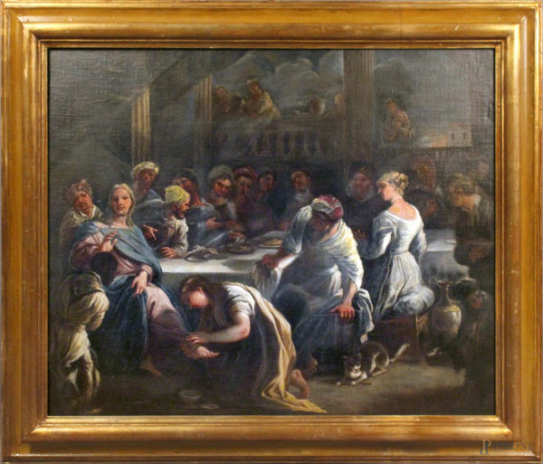 Luca Giordano, (cerchia di), Cristo a casa di Simone il fariseo, olio su tela, cm. 85,6x100,6, entro cornice.