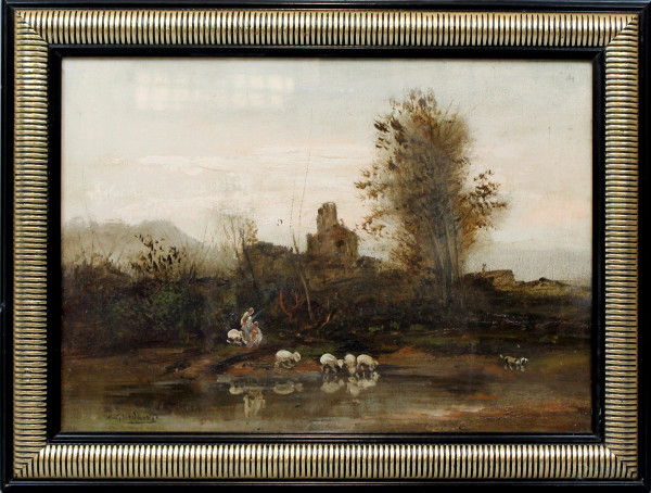 Paesaggio fluviale con armenti e figure, olio su cartone telato, cm 35x50, entro cornice.