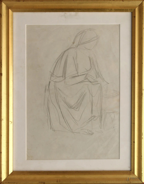 Figura, disegno a matita su carta, cm 29 x 20, entro cornice.