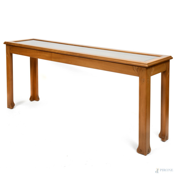 Consolle a bacheca con piano in vetro apribile, XX secolo, cm 79x180x43, (segni di usura, scalfiture)