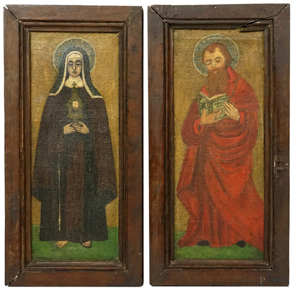 Santa Chiara e San Bonaventura, coppia di dipinti ad olio su tela riportata su tavola, cm 31x15, inizi XX secolo, entro cornici, (difetti)