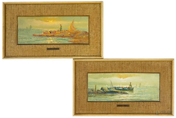 Coppia di marine, olio su cartone telato, cm 12x29, XX secolo, entro cornici.