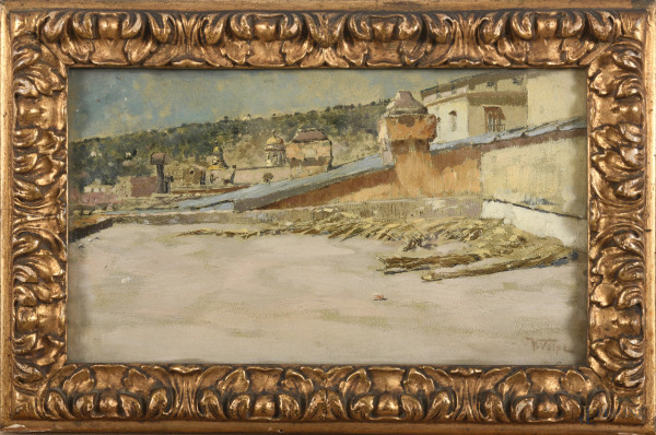 Sulla terrazza, olio su cartone, cm 17x30, firmato in basso a destra V. Volpe, entro cornice