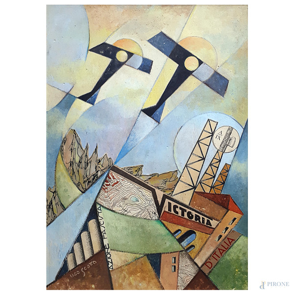 Ugo Scotto (XX sec.) Aeropittura, olio e tecnica mista su tavola, firmato in basso a sinistra, cm 29x20