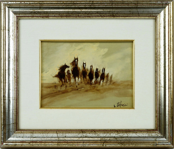 Cavalli,  olio su cartone telato, cm 18,5x23, firmato Luigi Stefanini, entro cornice.