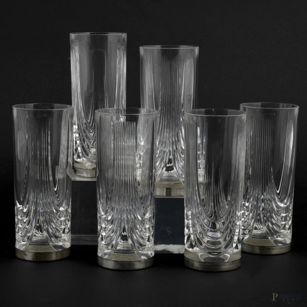 Lotto di sei tumbler in cristallo con base in lamina d'argento 800/000, altezza cm 15