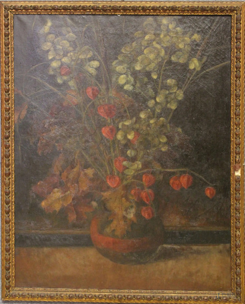 Natura morta con vaso di fiori, olio su tela 79x64 cm, entro cornice.