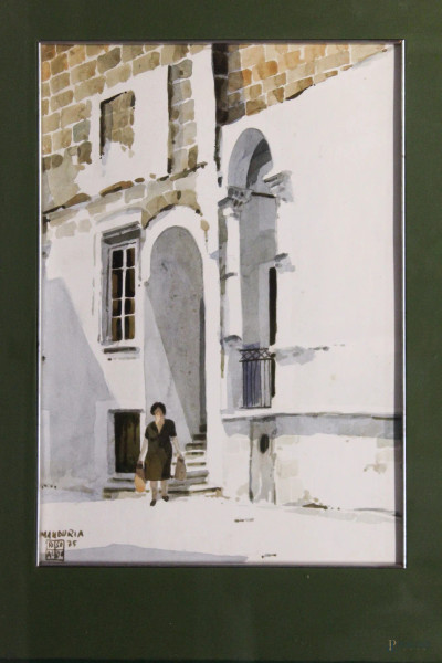 Aldo Riso - Esterno con figura, acquarello su carta, cm 48 x 33, entro cornice.