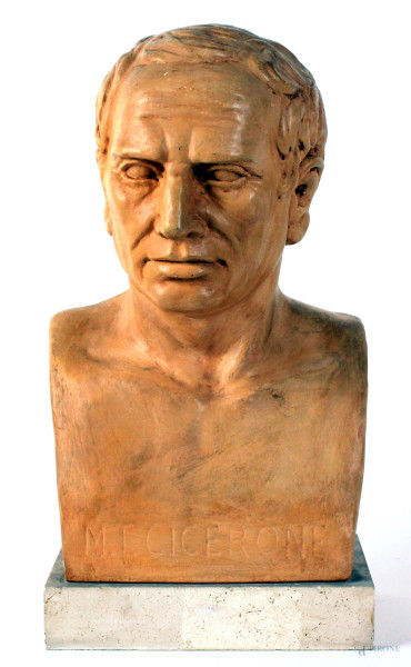 Busto di Cicerone in polvere di marmo, altezza cm. 34, firmato Rinaldi, base in marmo