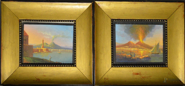 Coppia miniature a soggetti di scorci napoletani, acquarello 13x10 cm, entro cornici, fine XIX sec.