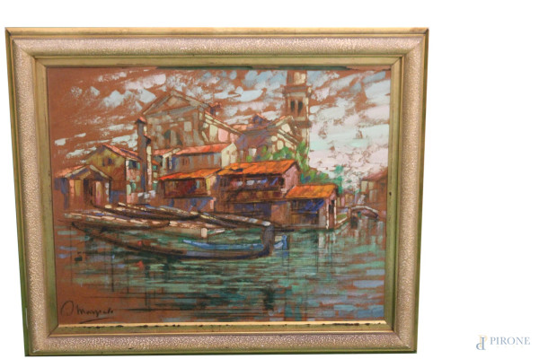 Oscar Marziali - Paesaggio con case, olio su faesite, 50x62 cm, entro cornice.