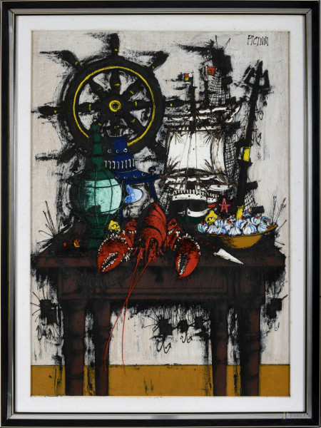 Gennaro Picinni - Natura morta con veliero e aragosta, olio su compensato, cm 94x67,5, firmato in alto a destra, entro cornice, (difetti)