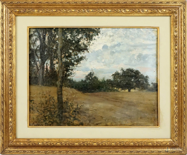 Paesaggio con alberi, olio su tavola, cm 28,5x36,5, firmato Pallonera, entro cornice.
