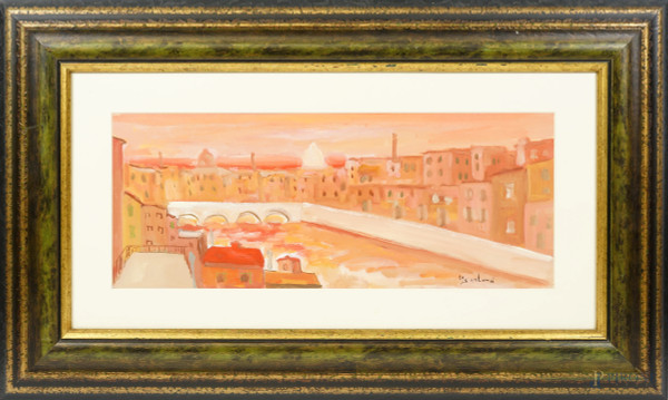 Veduta di Roma, olio su tavola, firmato in basso a destra M. Santoro, cm 50x20, entro cornice