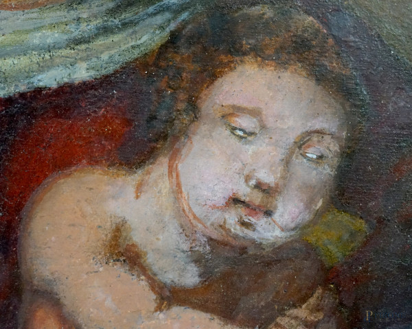 Madonna del Rosario tra San Francesco e Santa Chiara, olio su tela, XIX-XX secolo, cm 51x61, entr...