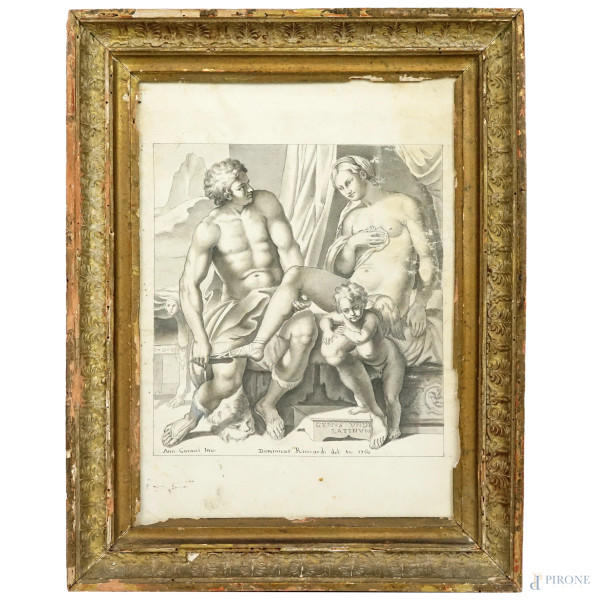 Annibale Carracci (1560.1609) copia da, Anchise discalza Venere, disegno realizzato ad acquarello e carboncino su carta, cm 34x25, firmato Dominicus Ricciardi 1760, entro cornice, (difetti e macchie)