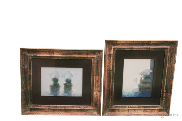 Coppia dipinti raffiguranti banchi con fiori ad olio su tela 24x18 cm, entro cornici firmati Marchetta.