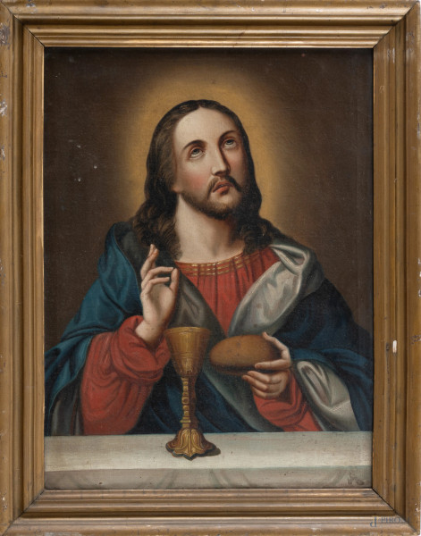 Eucaristia, XX secolo, olio su tela, cm 63x47, entro cornice, (segni di usura, difetti)