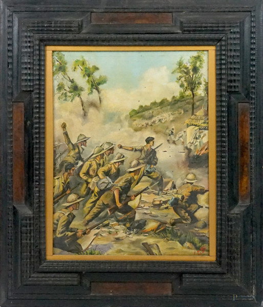 Soldati, olio su compensato, cm 50x37, firmato De Vitis, entro cornice.