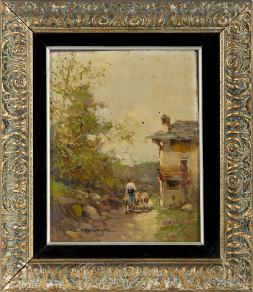 Ritorno dal pascolo, olio su compensato, firmato in basso a sinistra, cm 26,5x21 entro cornice