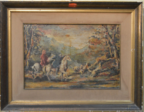 Paesaggio con cavalli,  olio su tela 47x32 cm, entro cornice.