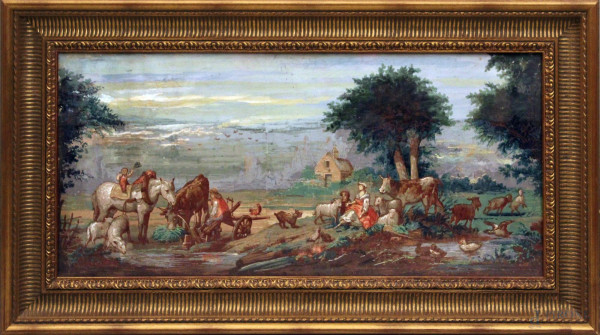 Scena campestre con personaggi, scuola del nord europa della fine del  XVIII sec. a tecnica mista applicata su tela, 84x38 cm, entro cornice