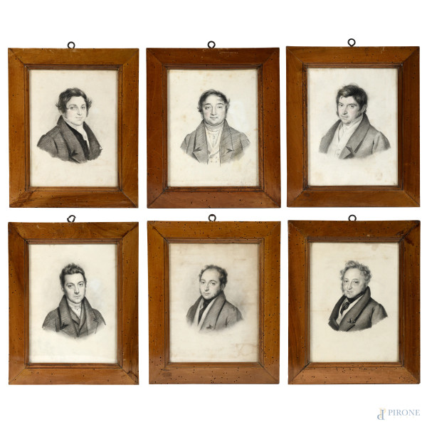 Lotto di sei ritratti virili, XIX secolo, tecnica mista su carta, cm 25x19,5, entro cornice (umidità,gore, macchie e usura ai margini)