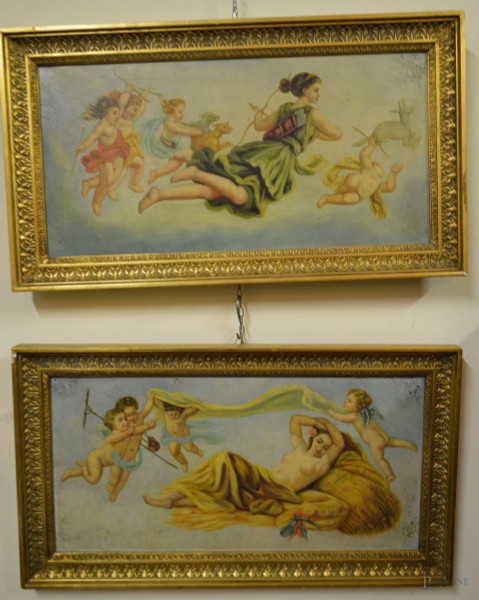 Coppia dipinti a soggetti di allegorie con putti e fanciulle, olio su tela 59x29 cm, entro cornici.