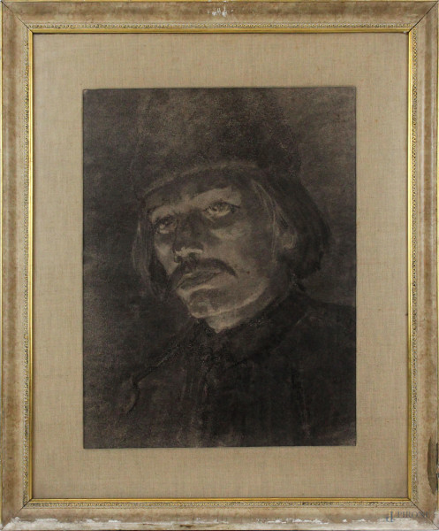 Ernesto Biondi (attribuito), Ritratto d&#39; uomo, tecnica mista su carta 41x32cm, entro cornice.