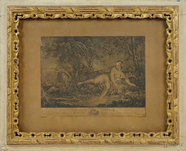 La Baigneuse Surprise, incisione, cm 35,5x46, da François Boucher (1703 - 1770), incisore Jean Daulle (1703-1763), entro antica cornice, (difetti)