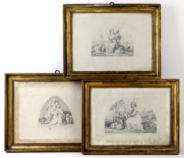 Lotto di tre stampe raffiguranti sacre conversazioni, inventore Tommaso Minardi (1787-1871), incisore Filippo Severati (1819-1892), cm h 23x31,5, entro cornici, (macchie).