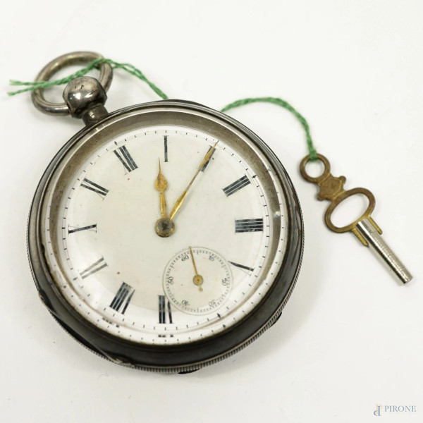 Orologio da taschino in argento, Birmingham, A.L.D., 1904, quadrante circolare diametro cm 5,5  (difetti e meccanismo da revisionare)