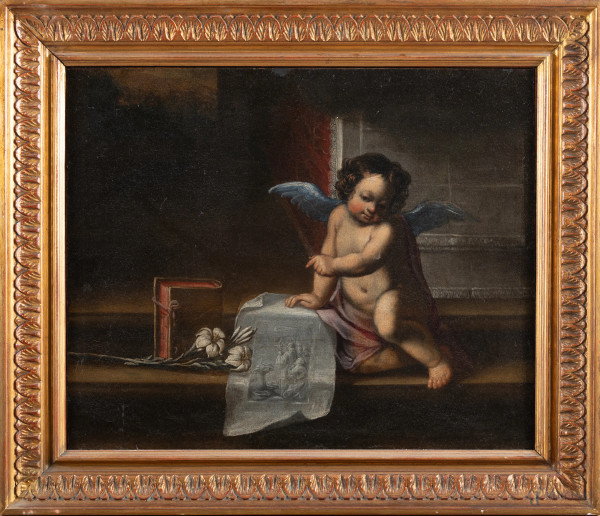 Putto, XVIII secolo, olio su tela, cm 45x55, entro cornice, (segni di usura del tempo, lievi abrasioni e segni di battitura del telaio)