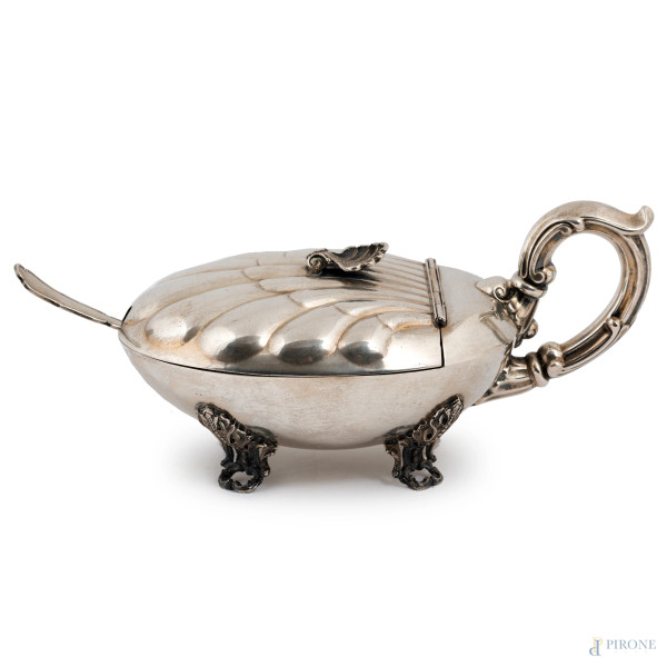 Formaggiera con cucchiaino in argento 800/000, cm 10x19x11,5, peso gr 210