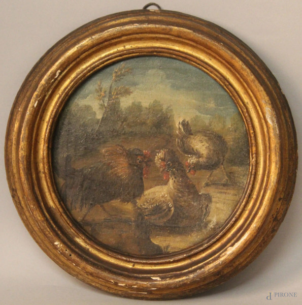 Paesaggio con galline, olio su tavola ad assetto tondo, diametro 24 cm, fine XIX sec, entro cornice.