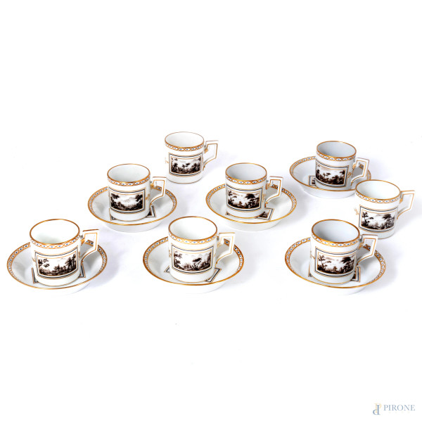 Servizio in porcellana Ginori con decori a paesaggio composto da otto tazzine e sei piattini, XX secolo, altezza massima cm 5,5, (segni di usura)