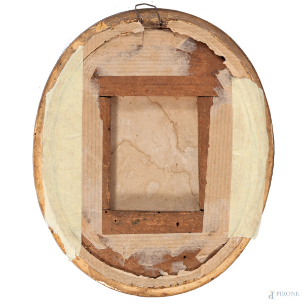 Miniatura a serto ovale con scena cortese-mitologica, XIX secolo, cm 14x12, entro cornice, (lievi...