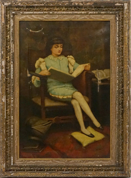 Fanciulla in lettura, olio su tela, cm 75x50, firmato Carter, entro cornice, (difetti)
