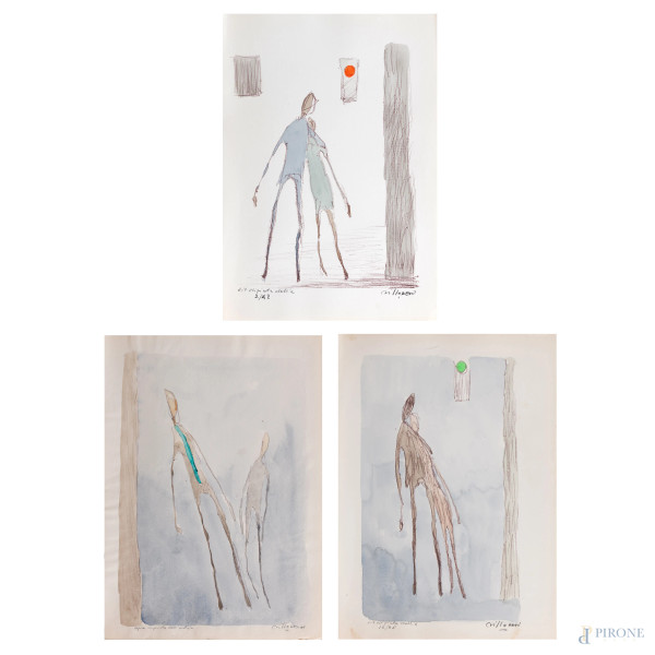 Franco Villoresi - Lotto di tre litografie di diverso soggetto e tiratura, cm 50x36, firmate, (segni di usura, bruniture, tracce di umidità, ondulazioni, strappi)