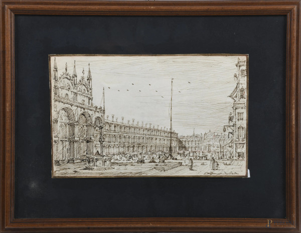 Disegno a tecnica mista su carta raffigurante Piazza San Marco, XIX-XX secolo, cm 21x34, entro cornice, (lievi segni di usura)