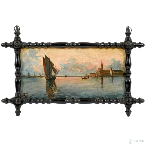 Laguna di Venezia, inizio del XX secolo, olio su tavoletta, cm 20x39,5, siglato in basso a sinistra, entro cornice