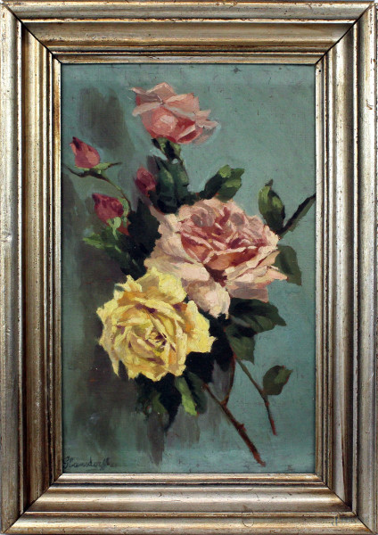 Rose, olio su tela riportata su tavola, cm 30,5x44,5, firmato, entro cornice