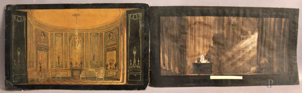 Lotto composto da bozzetti per scenografie teatrali a tecnica mista su carta e da una stampa firmata Clifford F. Pember.